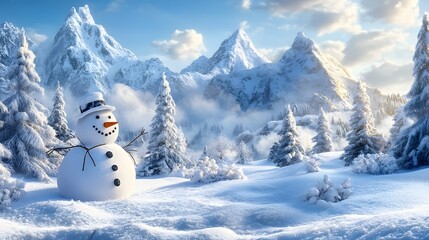 Obraz premium Snowman in a Snowy Mountain Winter Landscape