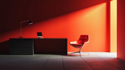 Modern red office setup with bold lighting