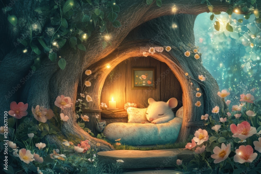 Poster cozy mouse resting peacefully in a magical tree hollow surrounded by flowers and soft lights during 