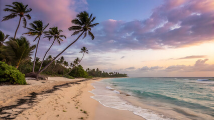 Serene Tropical Beach at Sunset with Palm Trees and Soft Waves