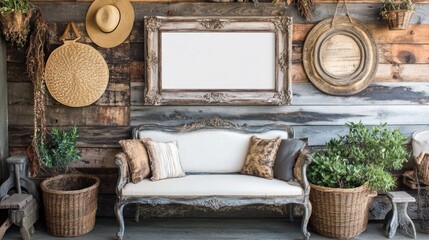 Rustic interior with ornate sofa, blank frame, and decor.
