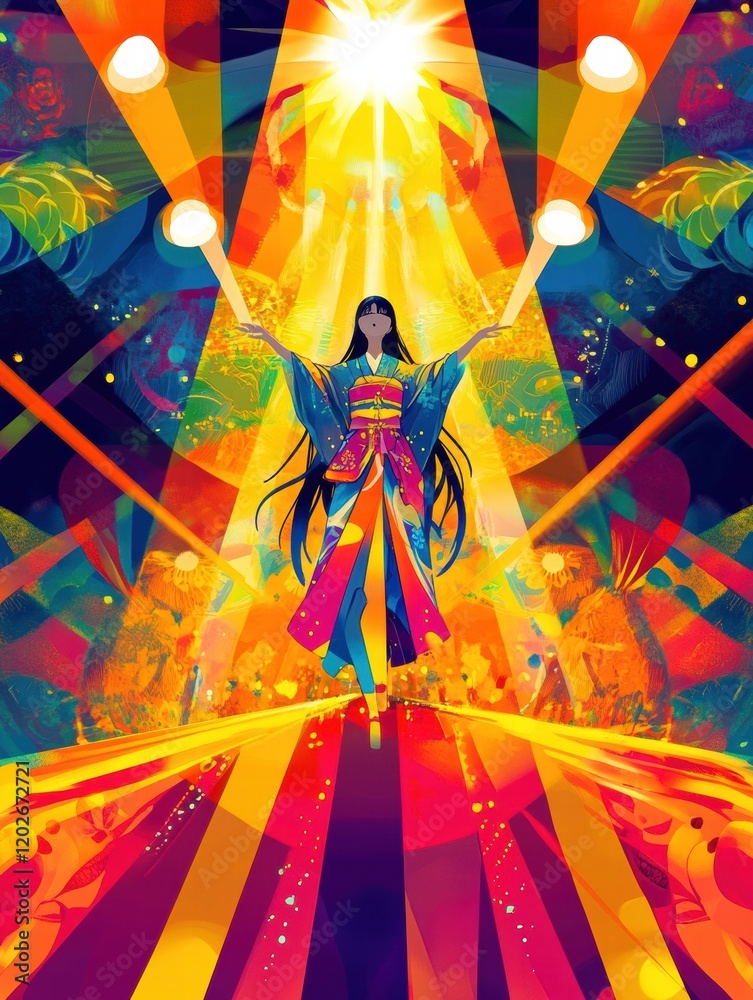 Poster vibrant performance featuring a dancer in colorful attire illuminated by bright lights during a fest