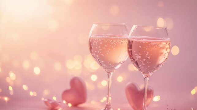 Valentine's Day. Two champagne glasses with sparkling pink drink and heart-shaped decorations.Celebration. Romance. Sparkling love. Champagne glasses with heart accents. romantic theme, champagne toas