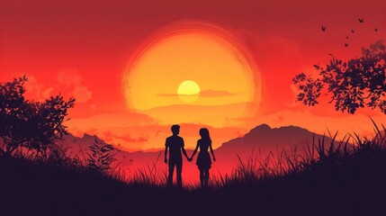Fototapeta premium Silhouette of couple holding hands at sunset with birds in sky.Togetherness. Love. Peace. Valentine’s Day connection. inspiration, love scene, couple, event invitation, romantic poster.