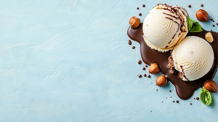   Two scoops of ice cream on top of a chocolate-drizzled nutty treat