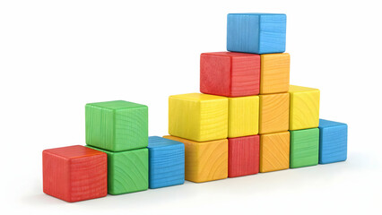 Obraz premium Colorful Wooden Building Blocks Stacked on a White Background