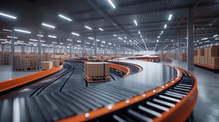 Obraz premium Automated Conveyor Belts Transporting Packages in Warehouse Space