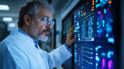 Healthcare professional analyzing data on large screen