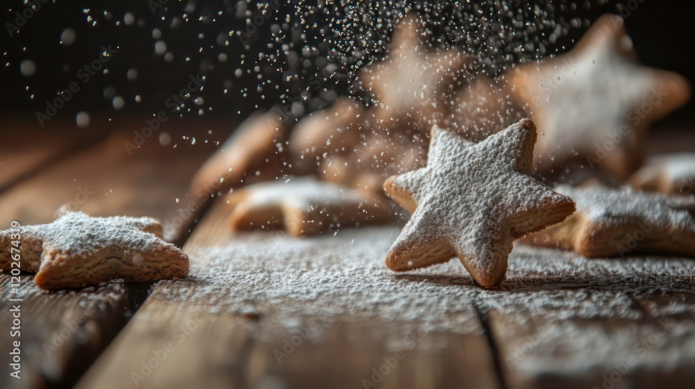 Poster star-shaped cookies dusted with powdered sugar on rustic wooden table.