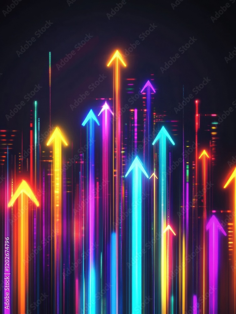 Poster Colorful neon arrows pointing upward in a vibrant abstract design portraying growth and progress. Generative AI