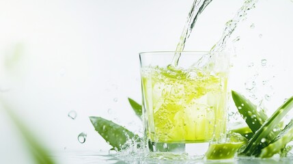 98.A clean and vibrant image of aloe vera juice being poured into a transparent glass, with aloe vera leaves neatly arranged beside it. The white background enhances the clarity and freshness of the
