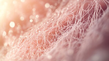 Fototapeta premium 30.A conceptual 3D image of a magnified skin layer with collagen and elastin fibers visualized in intricate detail. The fibers glow softly, representing their vital role in maintaining skin firmness
