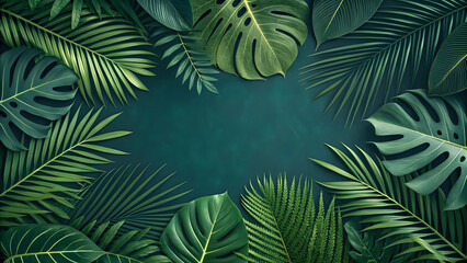 Lush Green Tropical Leaves Frame with Dark Background for Design