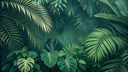 Lush Green Tropical Foliage with Diverse Leaf Patterns and Textures