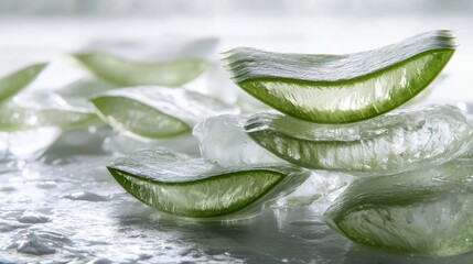 Fototapeta premium 40.A detailed close-up of stacked aloe vera slices, showcasing the clear gel texture and moist surfaces on a simple white surface under natural lighting.