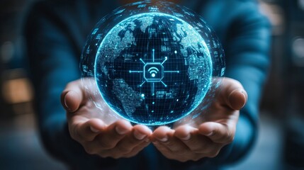 Hands Holding Holographic Globe Surrounded by Digital Data Visualization