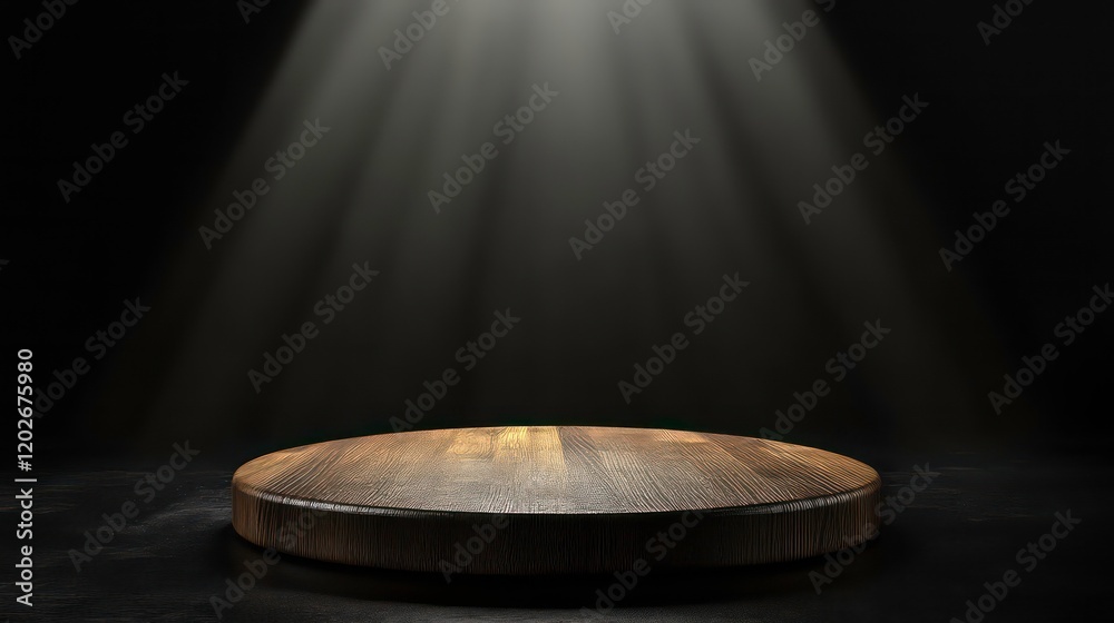 Poster dark background with round wooden platform illuminated by spotlights.