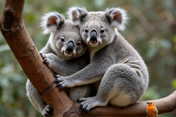 Fototapeta premium Two adorable koalas hugging on a tree branch with a colorful bird nearby.