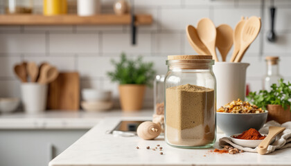 Spice jar with ground herbs on kitchen countertop