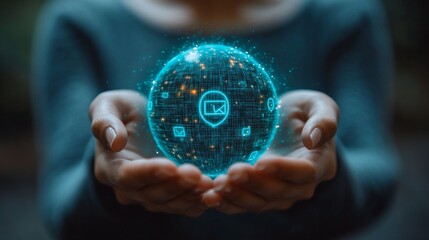 Hands Holding Holographic Globe Surrounded by Data and Icons