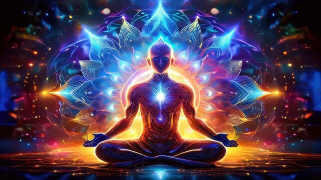 Image of a man meditating in a lotus position with a glowing background
