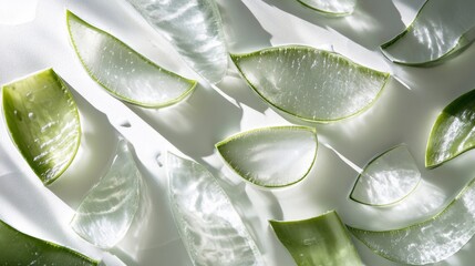 Fototapeta premium 106.A minimalist top-down composition of aloe vera slices spread across a smooth, white background. The glossy texture of the gel catches the light, emphasizing hydration and purity.