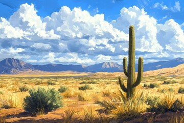 Vast desert landscape with a towering saguaro cactus under a dramatic sky. Ideal for travel, nature, and western themed projects.