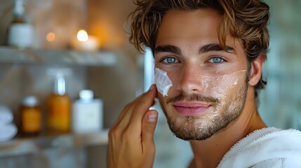 Obraz premium Young caucasian man with blue eyes and beard applying facial cream or moisturizer during his skincare routine, perfect for beauty, wellness and men grooming advertising campaigns.