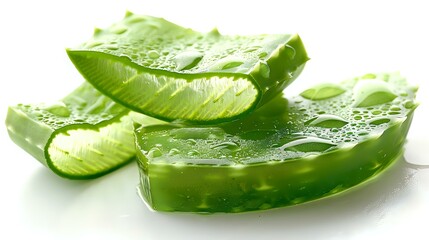 Obraz premium Fresh aloe vera plant leaves with water drops, cut into pieces showing translucent gel inside. Natural organic skincare and wellness concept perfect for cosmetic and beauty advertising.