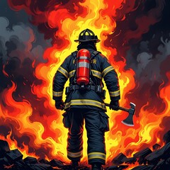Fototapeta premium Brave Firefighter Confronting Intense Explosion with Axe in Hand, Digital Art of Nighttime Heroism and Fiery Inferno in Dramatic Fire Scene.