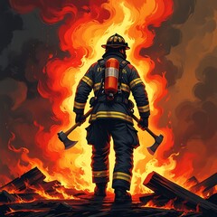 Brave Firefighter Confronting Intense Explosion with Axe in Hand, Digital Art of Nighttime Heroism and Fiery Inferno in Dramatic Fire Scene.

