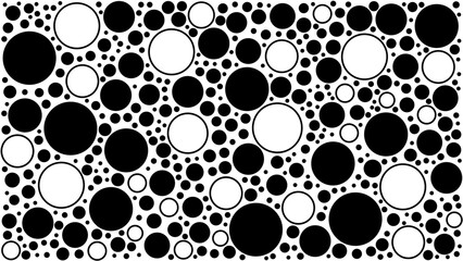 Black circles and black line circles of various sizes on a white background.