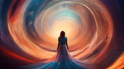 Woman standing in a tunnel of soft, radiant light, creating a glowing aura around her—ethereal and powerful concept of personal transformation, wellness, and spiritual journey.