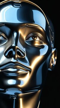 On a black background, a futuristic metallic humanoid face