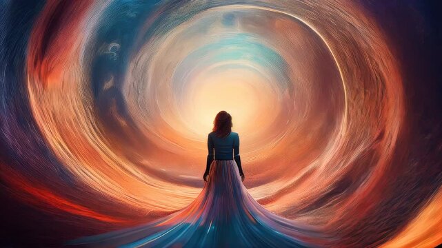 Woman standing in a tunnel of soft, radiant light, creating a glowing aura around her&mdash;ethereal and powerful concept of personal transformation, wellness, and spiritual journey.