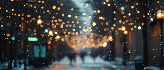 Twinkling string lights illuminate a snowy street, creating a magical winter wonderland atmosphere amid silhouettes of passersby.