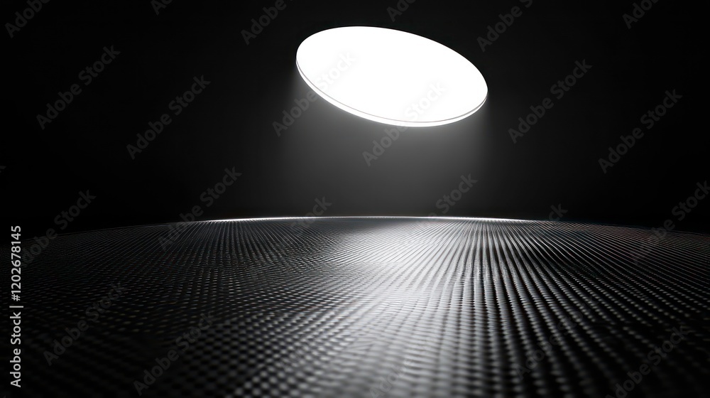 Poster dark room with illuminated oval ceiling light casting beam on textured floor.