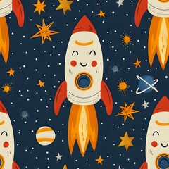 Cute seamless pattern with smiling cartoon rockets and colorful stars in space, perfect for children's room decor, fabric design, and digital backgrounds. Dark blue cosmic theme with orange accents.