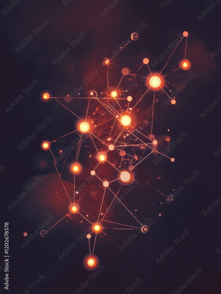 Poster Network of glowing orbs and lines representing connections and data flow in a dark environment. Generative AI