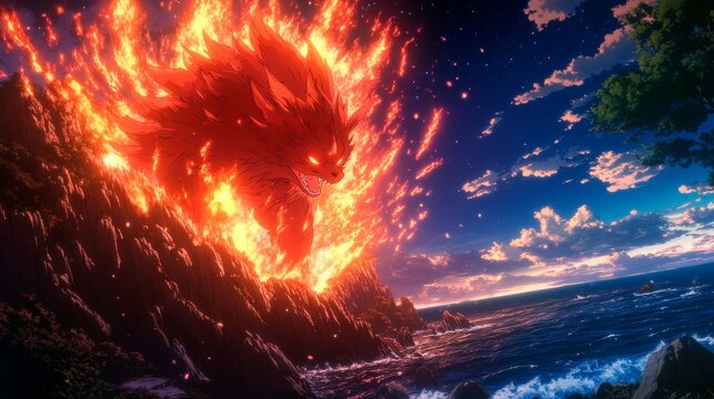 An epic confrontation takes place on a cliffside as a feral manticore battles a radiant spirit fox with nine glowing tails.