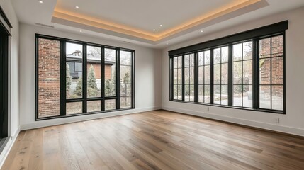 Fototapeta premium Modern empty room with large windows, hardwood floors, and recessed lighting.