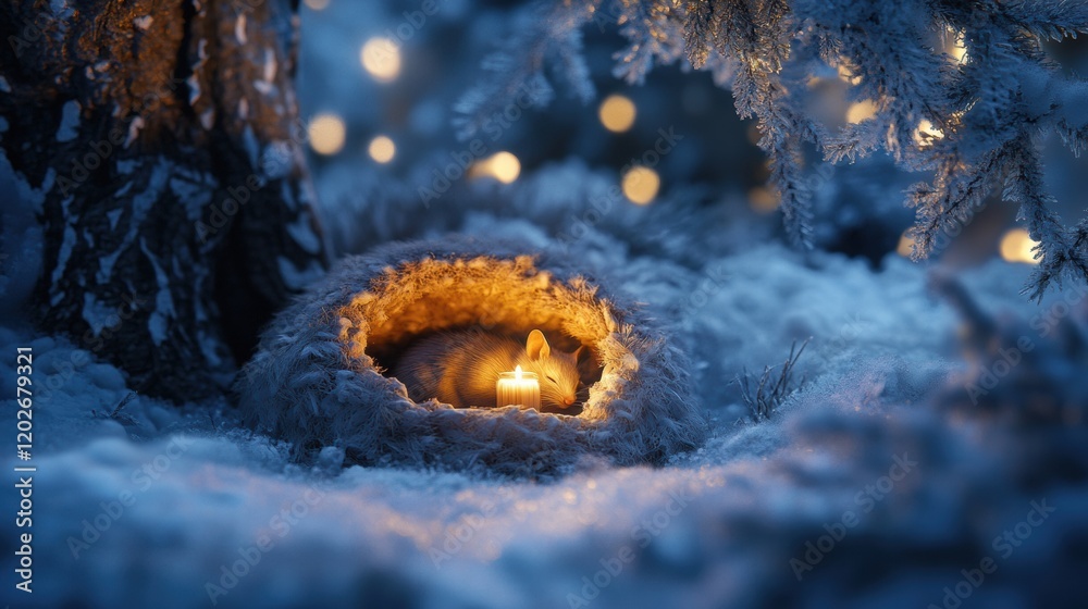 Aufkleber cozy kitten resting in a soft nest surrounded by shimmering snow and sparkles during a serene winter