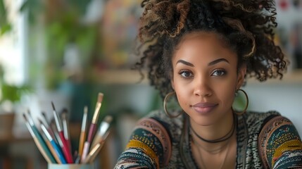 Beautiful young African American woman with natural curly hair and hoop earrings looking at camera with confident expression, perfect for beauty, lifestyle and diversity campaigns.