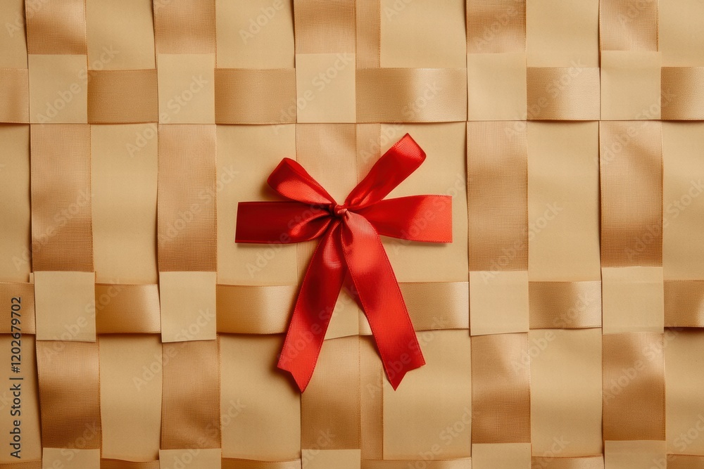 Fototapete woven texture with a bright red ribbon and bow centered on a neutral background creates a festive at