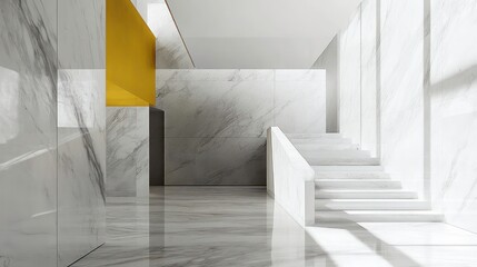 Obraz premium Modern marble staircase and hallway with yellow accent wall.