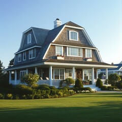 Coastal Charm: A charming, two-story home with a gambrel roof, white pillars, and large windows, sits majestically on a lush green lawn overlooking the shimmering ocean. The warm.