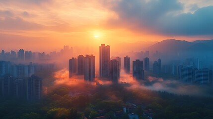 Fototapeta premium Sunrise over misty city skyline, mountains background, aerial view