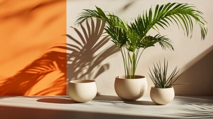 Fototapeta premium Contemporary vases with tropical plants and sunlight