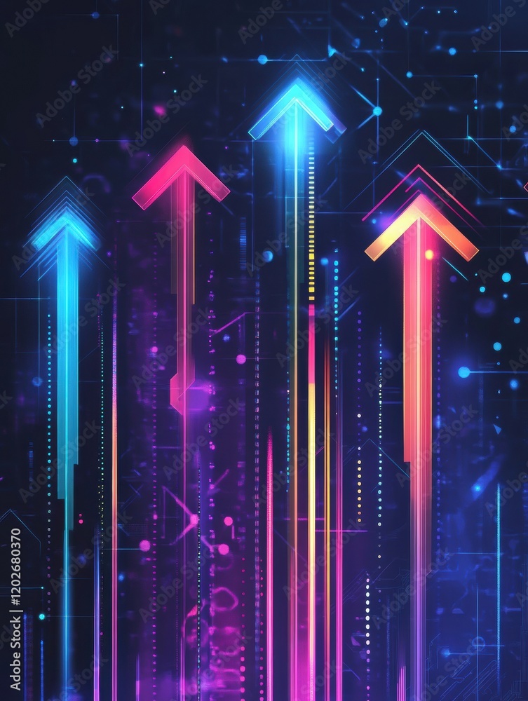 Poster vibrant digital arrows indicating upward movement in a futuristic design with bright colors and intr