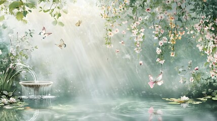 Serene Garden Pond with Butterflies and Blossoms